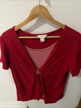 CJ Banks Red Short-Sleeve Ring-Front Top with Striped Inset